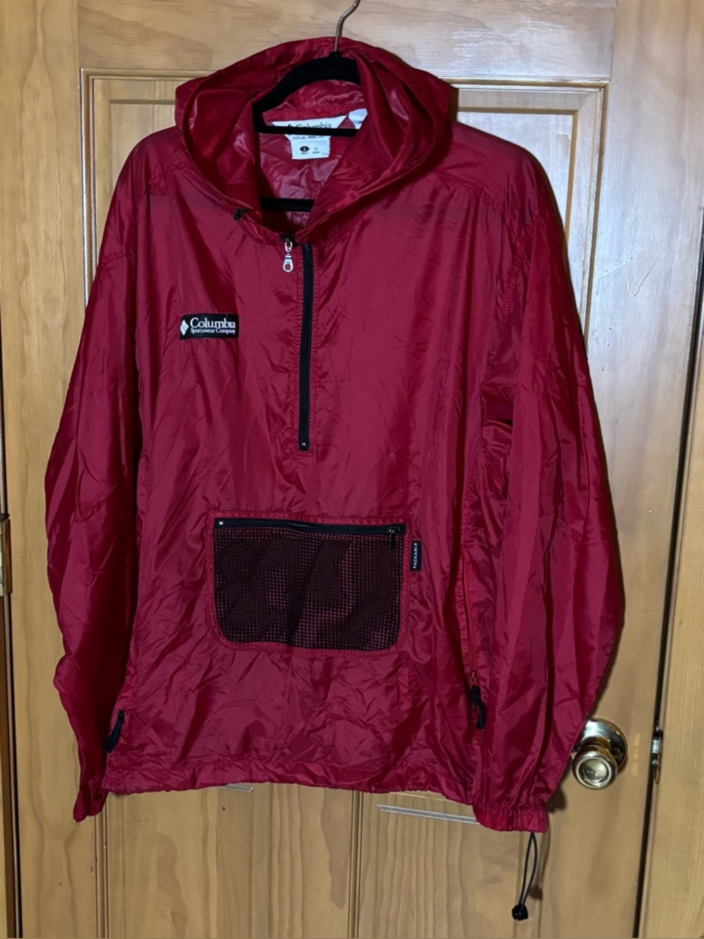 VTG Columbia Red Packable Nylon Hooded Windbreaker Jacket 1/2 Zip Men L Oversize